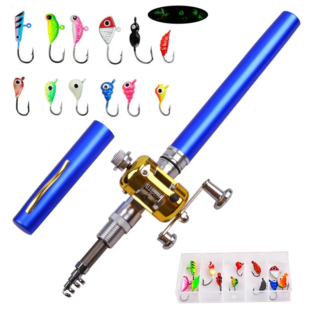 Mini fishing rod on the ice Combo with 12 pieces fishing bait with jig ice pocket portable fishing rod and reel
