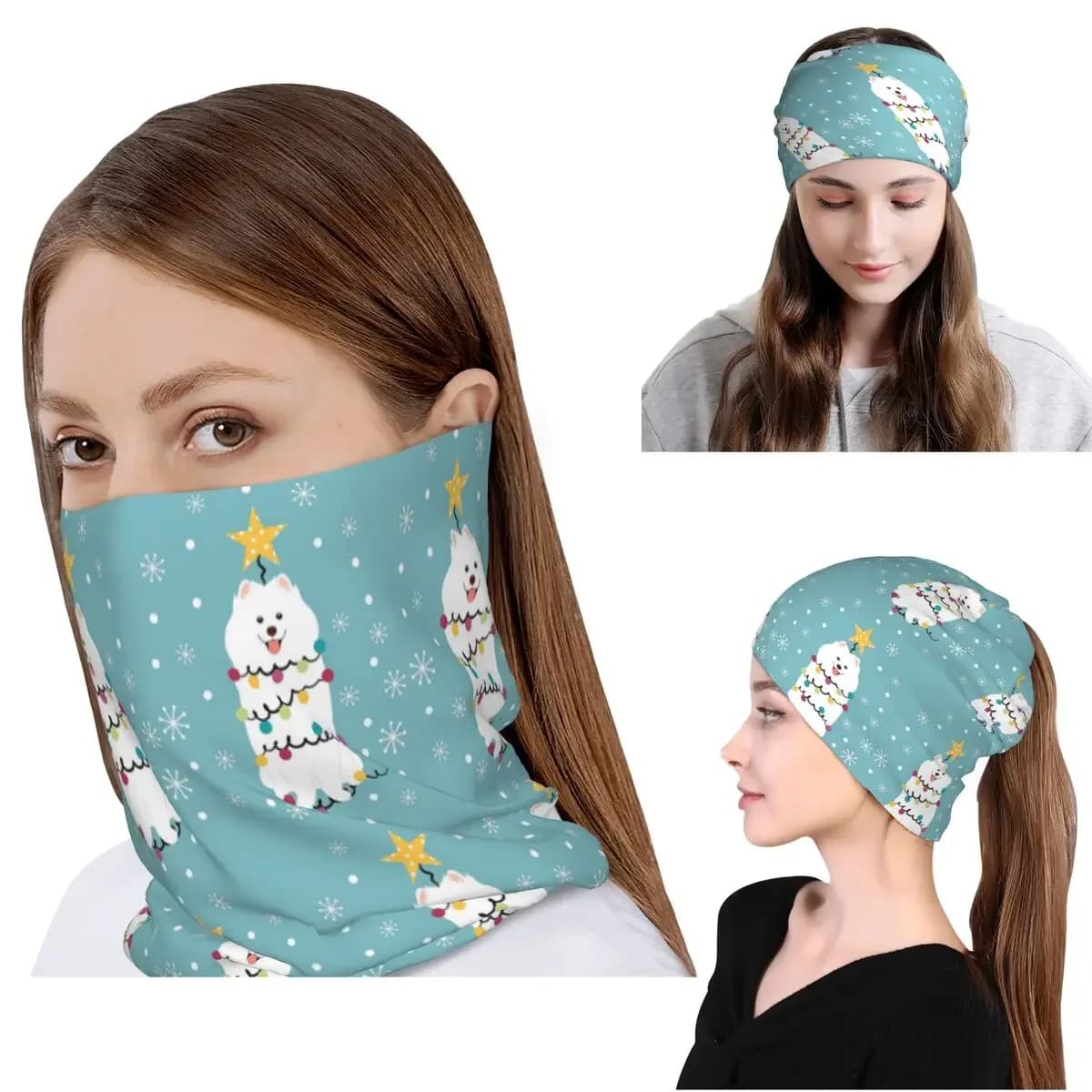 Samoyed Christmas Tree Bandana Neck Gaiter Magic Scarf Multifunction Balaclava Beanies Hat for Men Women Adult Windproof