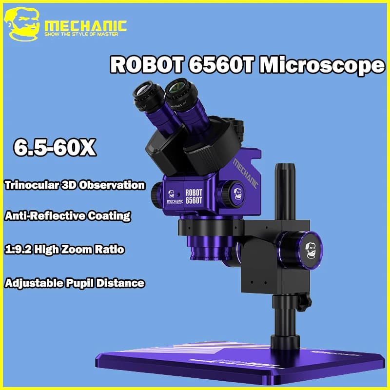 Microscopio Trinoculare MECHANIC ROBOT 6560T - Ingrandimento 6.5-60X per Saldatura PCB e Rilevamento Guasti Elettronici