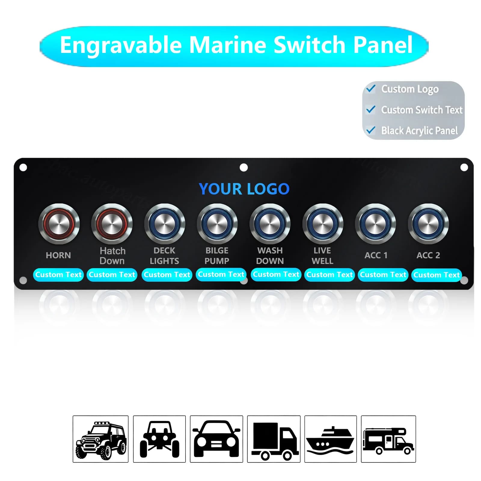 Custom Laser Engrave Marine Control Panel Acrylic Plate 304 Stainless LED Buttons Logo & Text Nav Anchor Deck ACC Horn for Yacht
