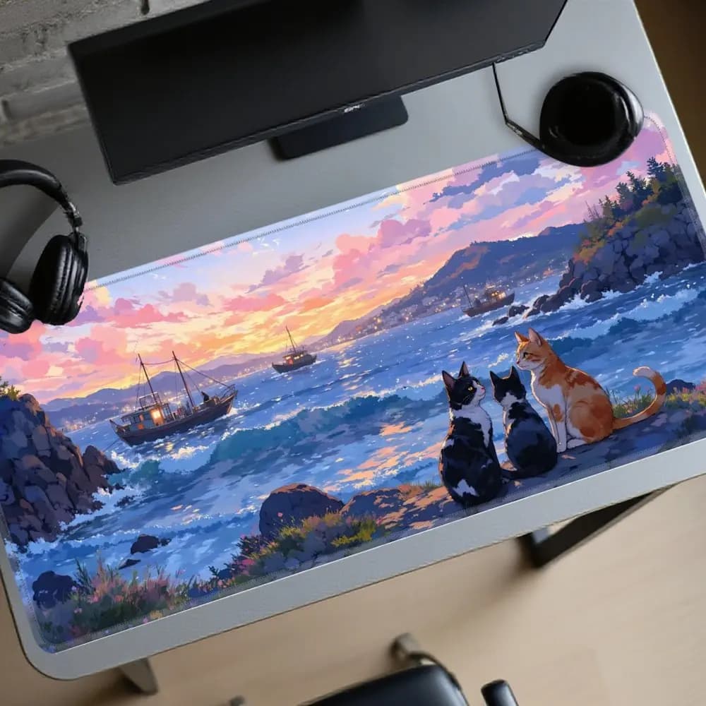 Tappetino per mouse da gioco esteso con simpatici gatti che guardano il tramonto sul mare, tappetino da scrivania grande antiscivolo