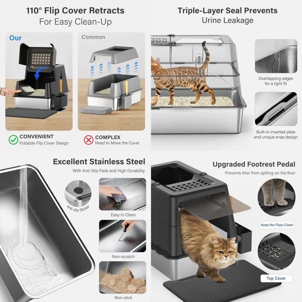 Lettiera extra large in acciaio inossidabile con coperchio, 27,5x19,7x19,3, tappetino incluso, ideale per gatti di grandi dimensioni e case multi-gatto, non