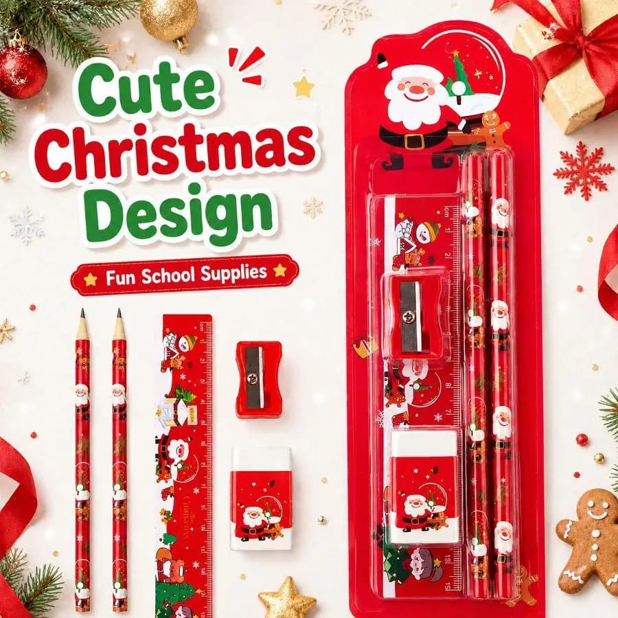 5Pcs Christmas Stationery Set For Kids Cartoon Pencil Ruler Eraser Sharpener School Supplies Birthday Xmas Gift Random Style