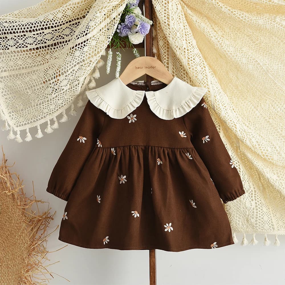 Autumn Cute Lapel Long Sleeved Kids Dress Embroidery Flowers Baby Girls Casual Dresses Coffee Colored Children's Clothes