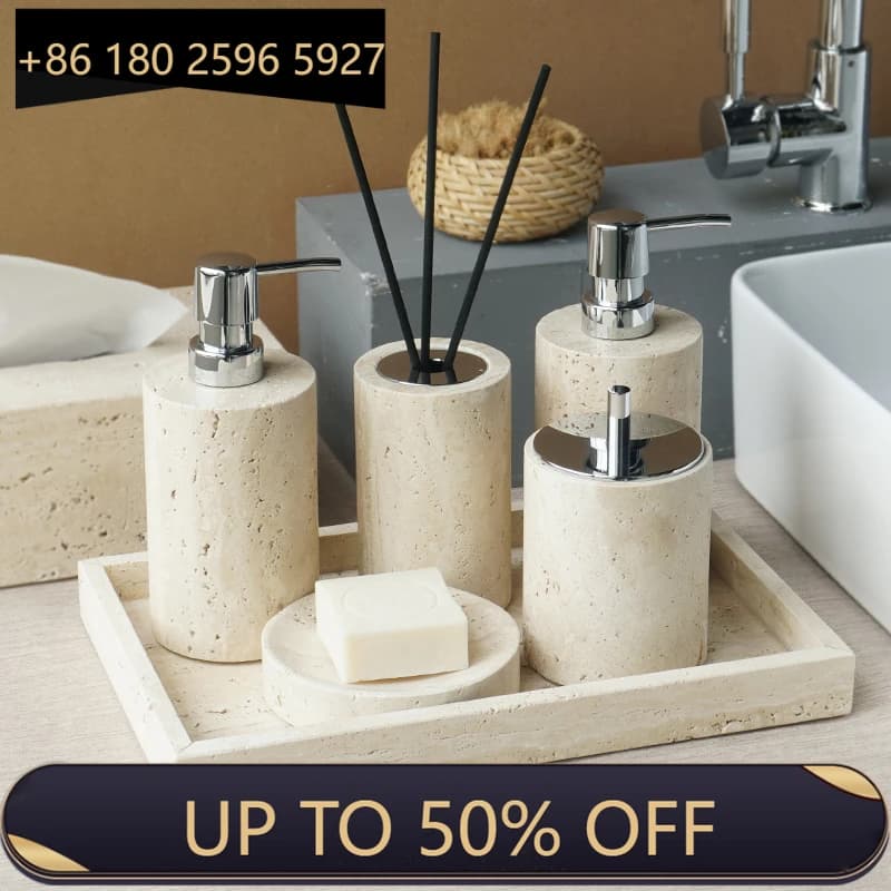 Set di accessori per il bagno in travertino beige Set di dispenser di sapone in marmo naturale Portasapone Diffusore di ance Vassoio da bagno Set da bagno per la casa