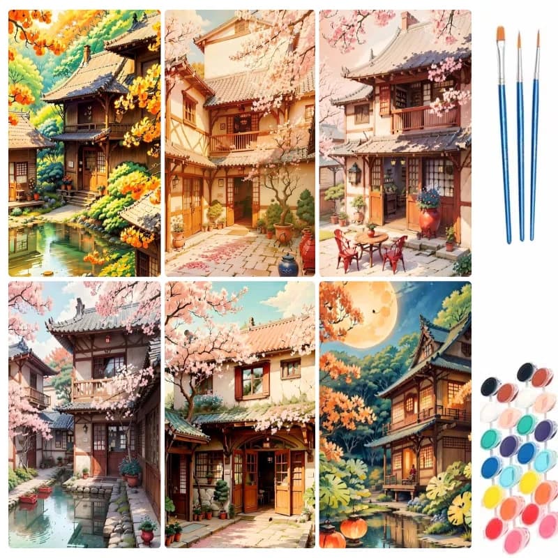 DIY Paint By Number Anime Villa House Landscape Pictures By Number for Adults Oil HandPainted Art Gift Home Decor