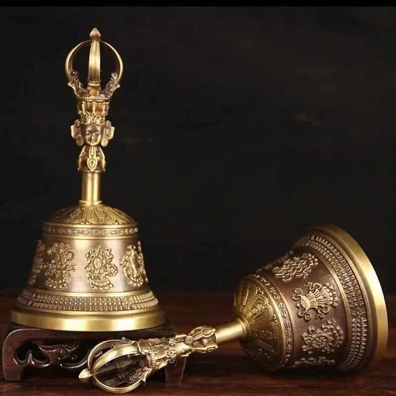 Brass Tibetan Vajra Pestle Ritual Instrument, Five- Nine-pronged Copper , Handheld Bell with Clear and G