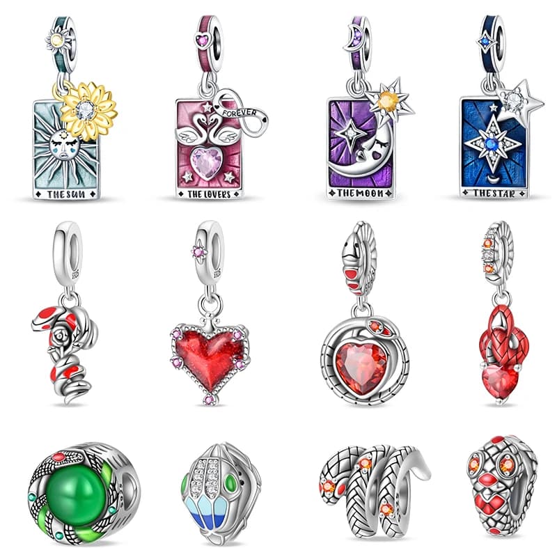 100% 925 Sterling Silver Squisito Tarocchi Carte Bracciale Pendenti Sangue Rosso Fuoco Serpente Rosa Pendenti e Ciondoli Perline Gioielli FAI DA TE Per Le Donne