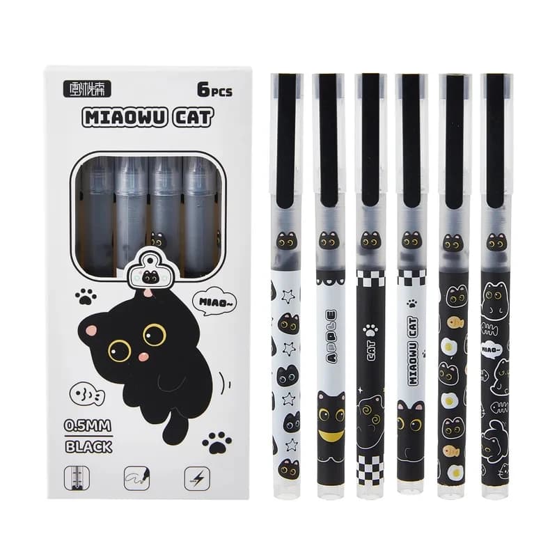 6pcs Cute Cat Liquid Gel Pens Fast Drying Anti Fading Smooth Writing Ideal for Students Office Notebooks Back To School Gift