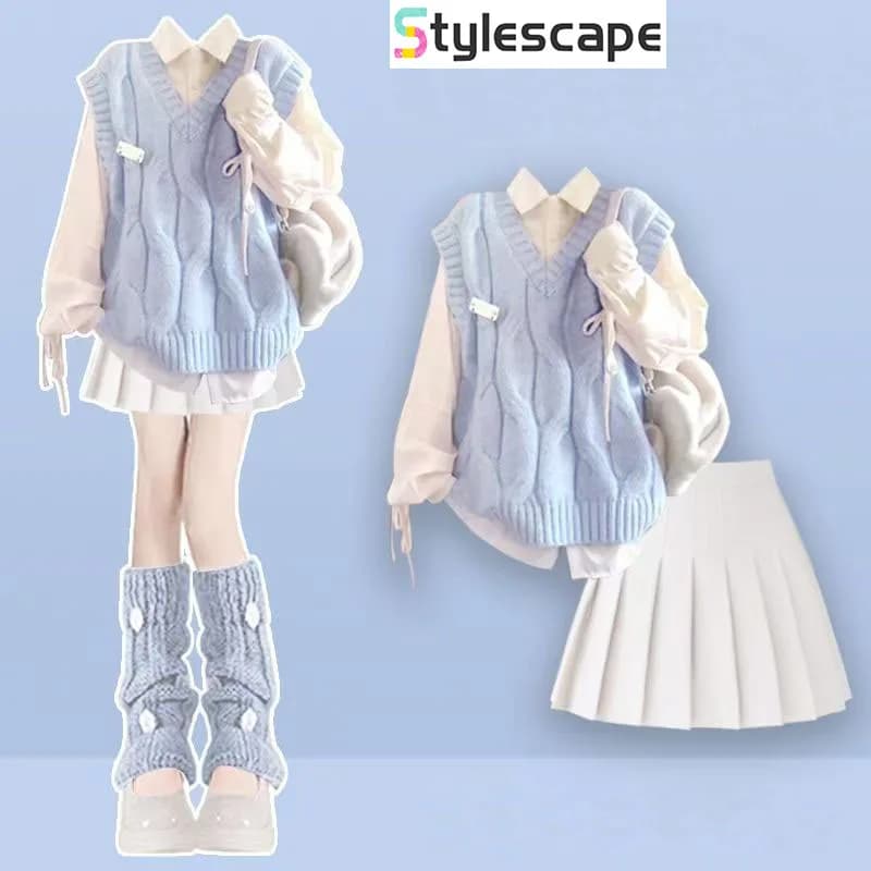 Temperament Dressing Dopamine Knitted Vest Shirt Women's Early Autumn 2025 College Style Pleated Skirt Set Three Piece Set