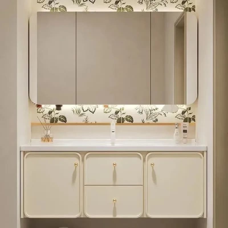for French Cream Pastoral Bathroom Cabinet with Washbasin Ambient Light Mirror Integrated Beauty Rack Ceramic Integrated