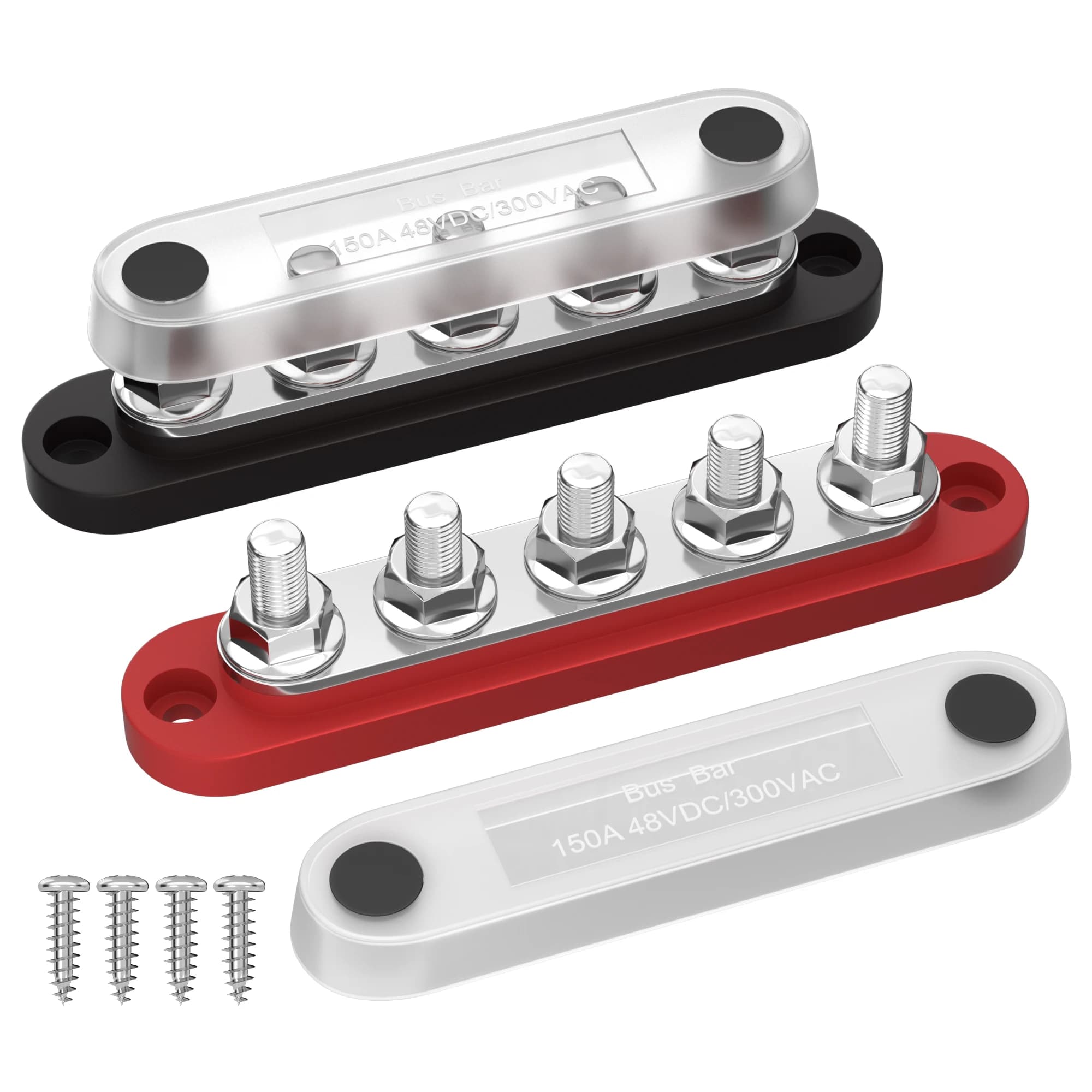 DaierTek Bus Bar 12V power distribution block with lid Clamp terminal 5 x 1/4" Max 150A 48VDC Car negative