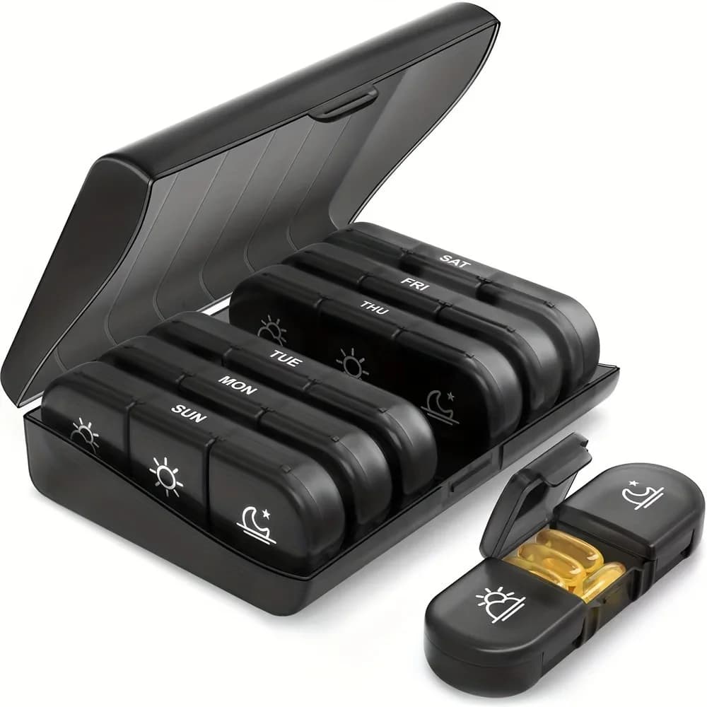 Dispenser portatile per pillole, portapillole settimanale, scatola per pillole da 7 giorni, contenitore per medicinali da viaggio, organizer per vitamine e farmaci