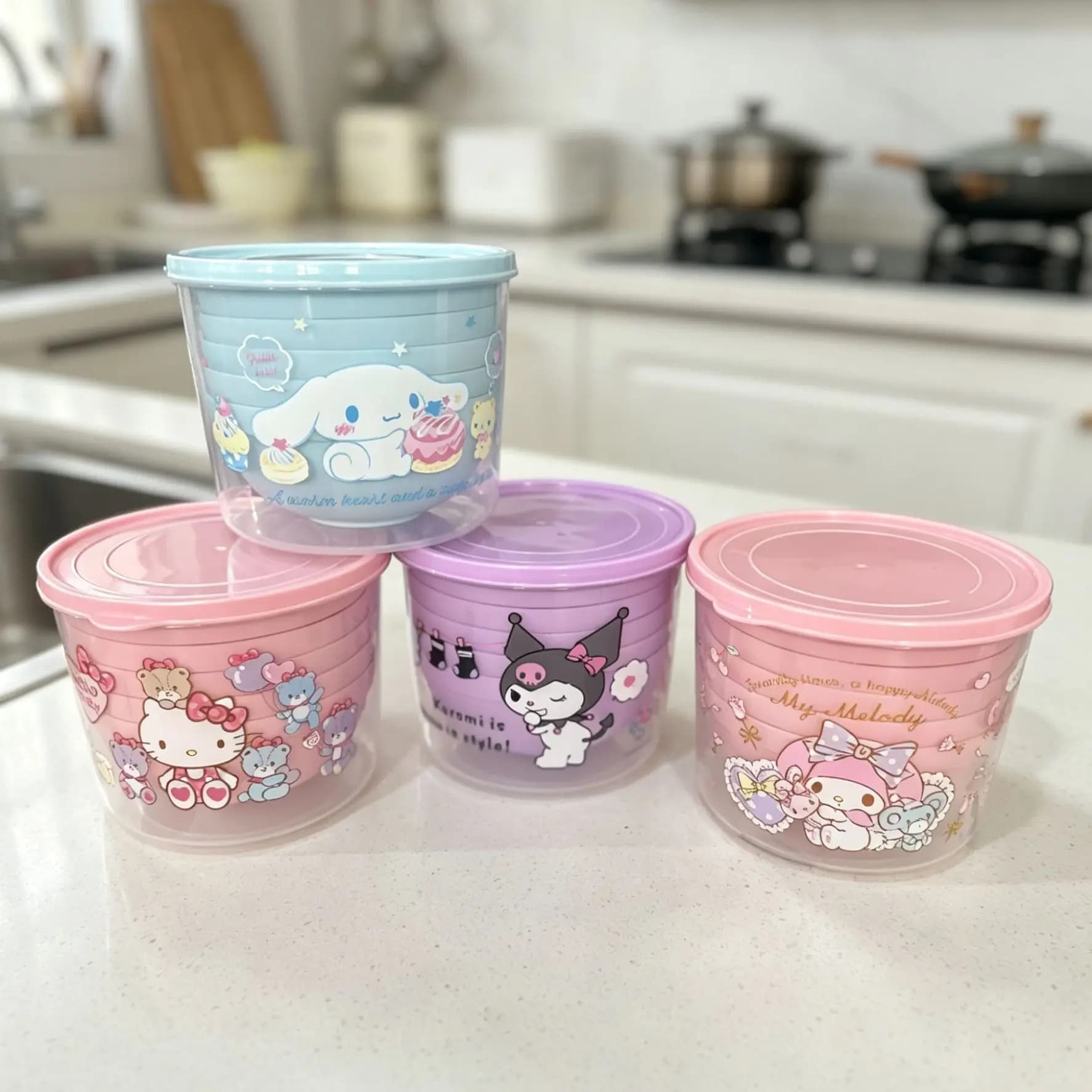 Set di Contenitori per Alimenti Rotondi Anime Sanrio Hello Kitty, Adatti per Microonde e Frigorifero, Porta Pranzo Diviso per Frutta e Verdura, Kawaii