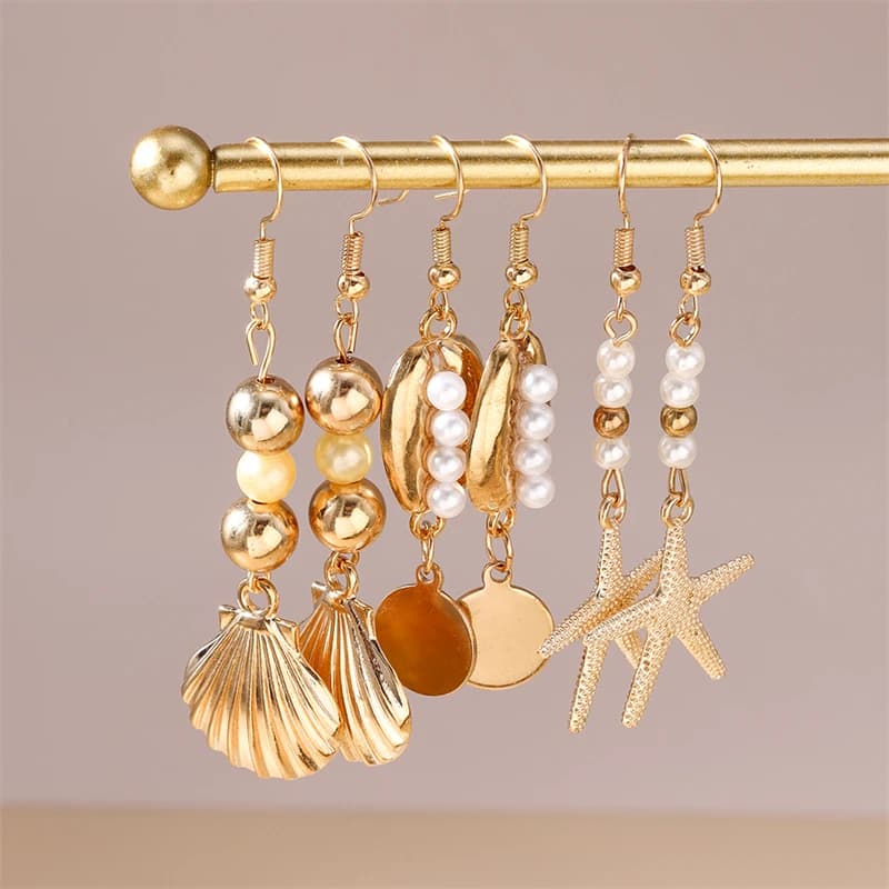 3Pairs/Set Fashion Handmade Starfish Shell Drop Earrings for Women Girls Summer Beach Holiday Jewelry Gifts
