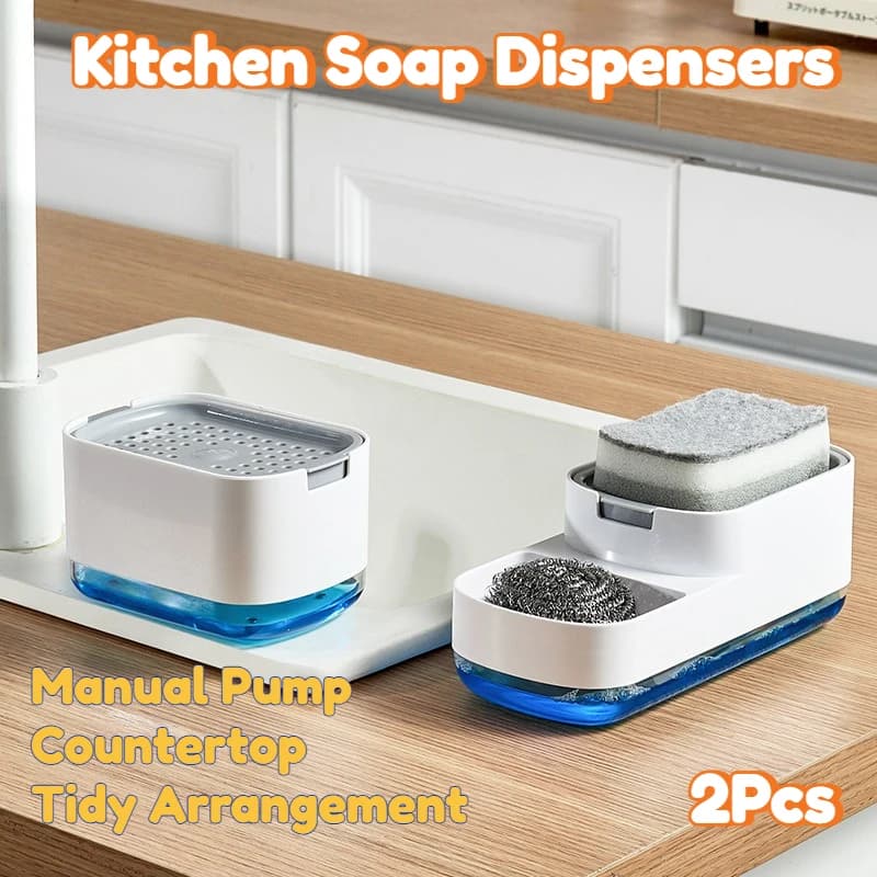 Dispenser di sapone da cucina con funzionamento a una mano, pompa manuale da banco ricaricabile, semplice e senza perdite, con spugna lavapiatti, 2 pezzi