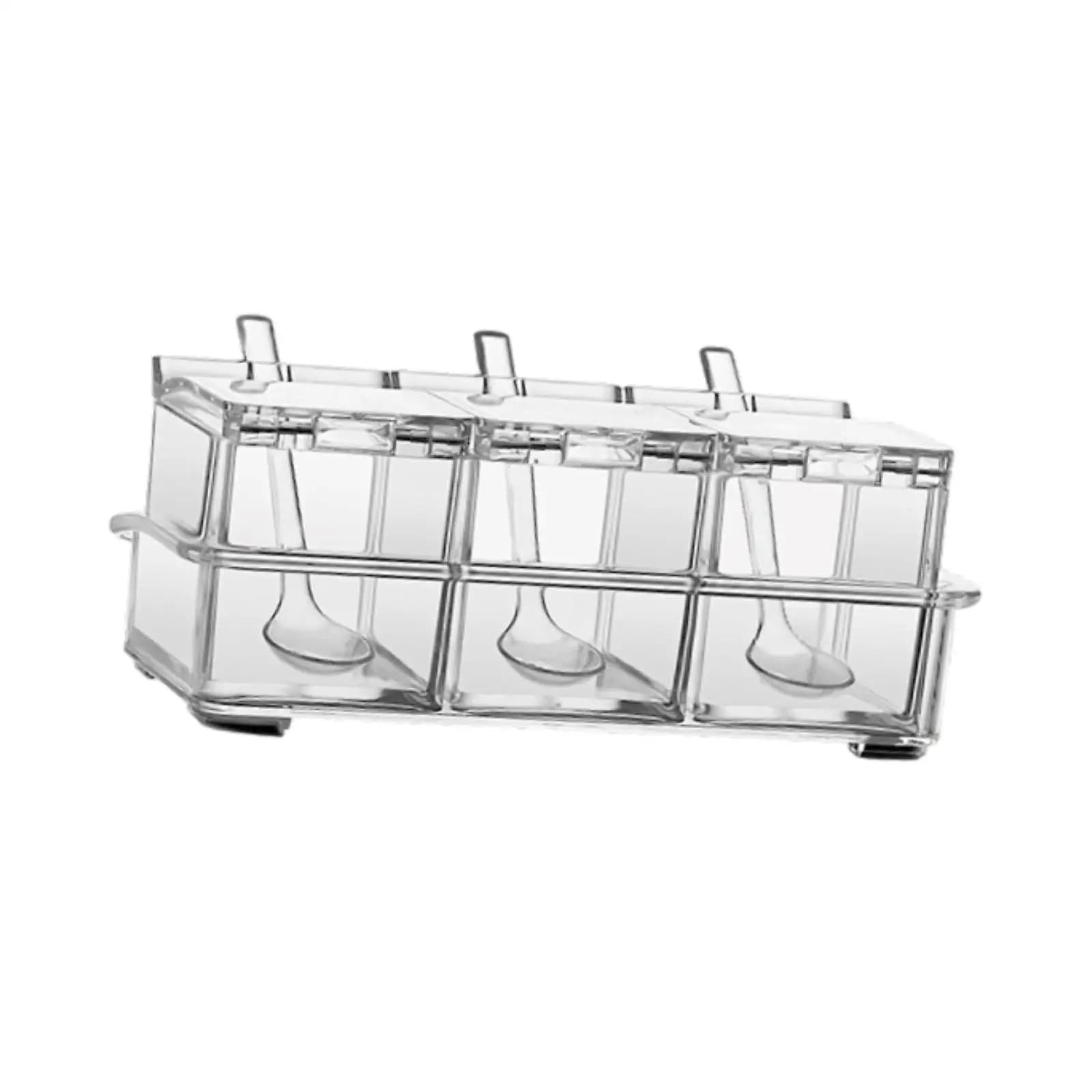Set di scatole per condimenti trasparenti Contenitore per spezie con cucchiaio 3 scomparti con coperchio Barattolo per condimenti per cucina Ristorante Casa Sala da pranzo