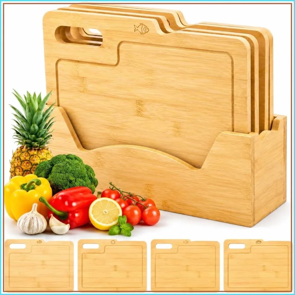 4 Pack Bamboo Cutting Boards with Holder, Kitchen Chopping Board Set for Meat, Fish, Bread, Vegetables