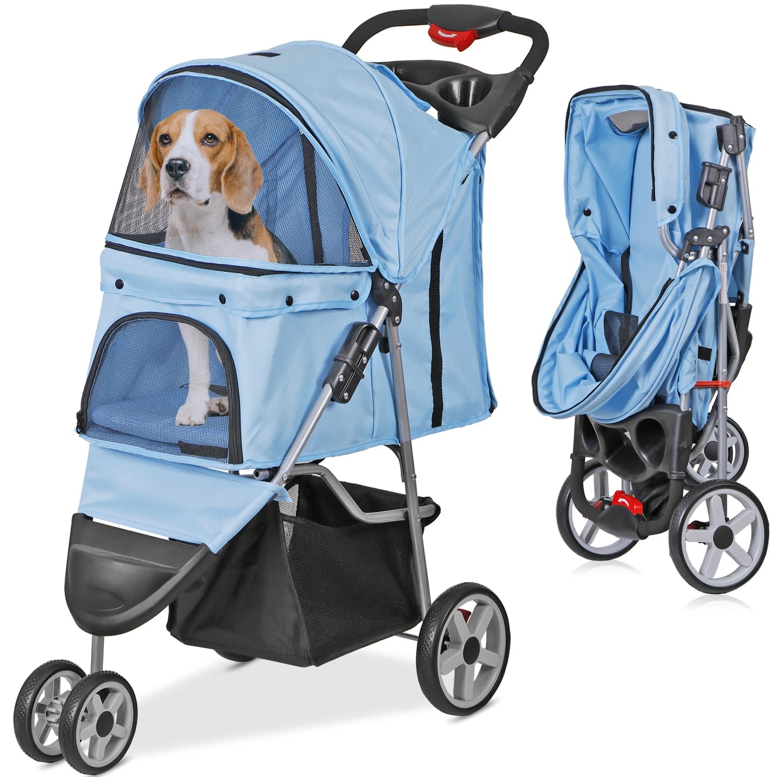 Passeggino per Animali Domestici Pieghevole a 3 Ruote con Portabicchieri Blu