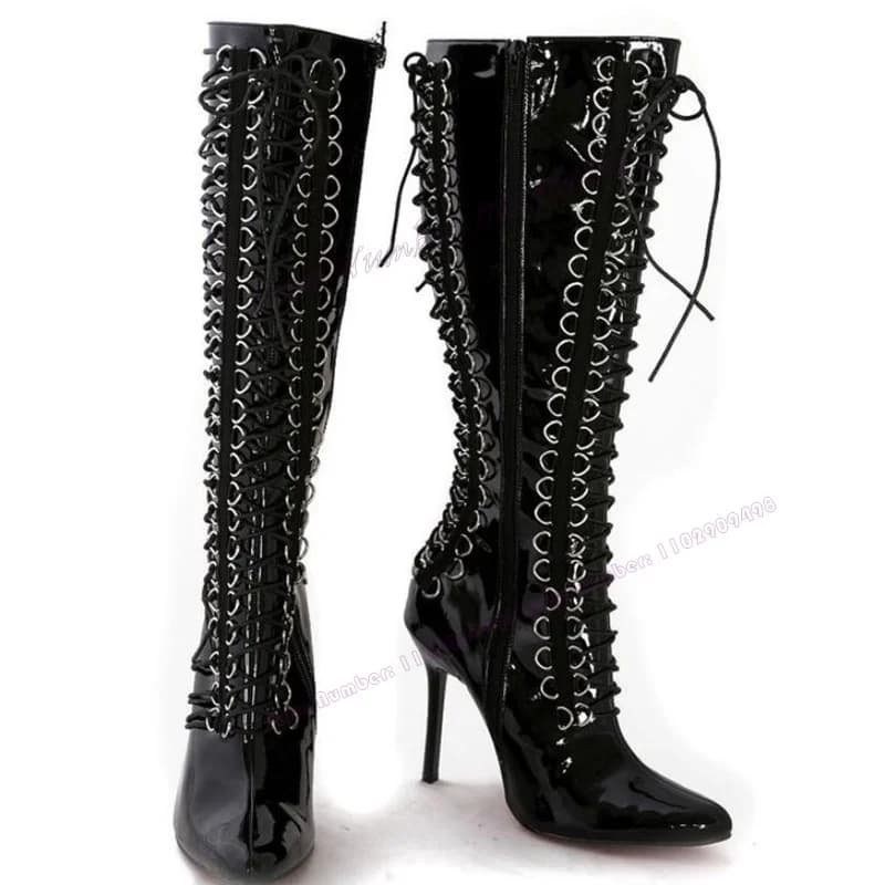 Stivali alti al ginocchio con fibbia incrociata nera scarpe a punta per le donne tacchi alti sottili scarpe da donna Sexy 2023 Zapatos Para Mujere