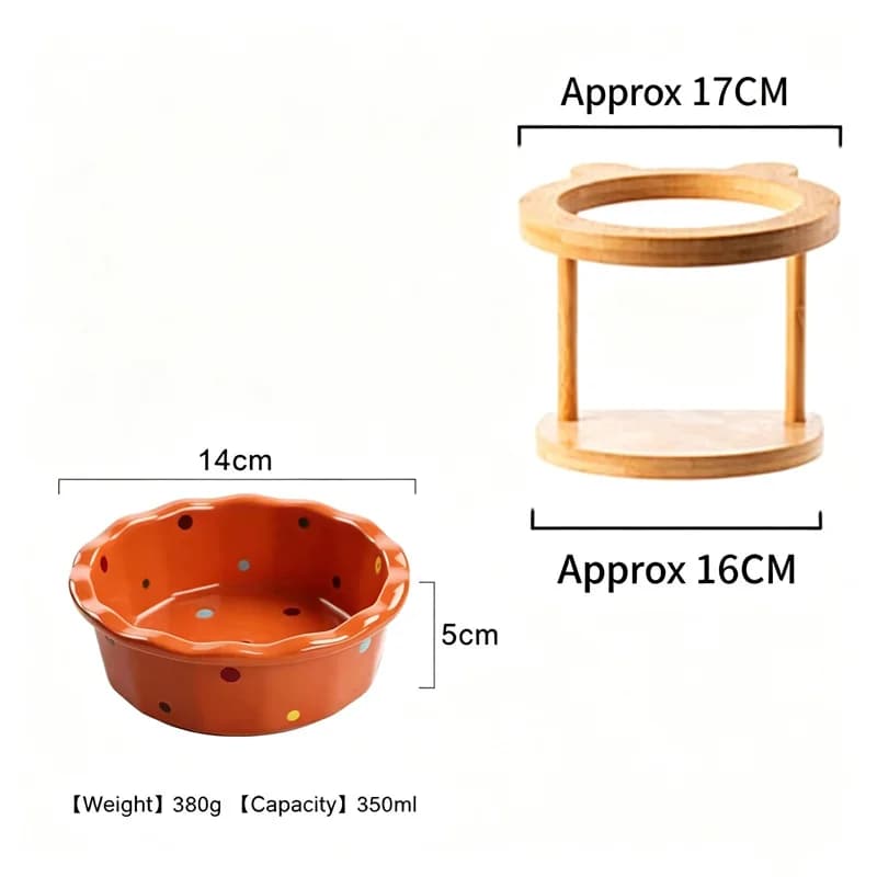 Cute Elevated Tilt Cat Bowl with Bamboo Wooden Stand Ceramic Feeder Neck Friendly Pet Food Water Bowl for Indoor Cats Puppy