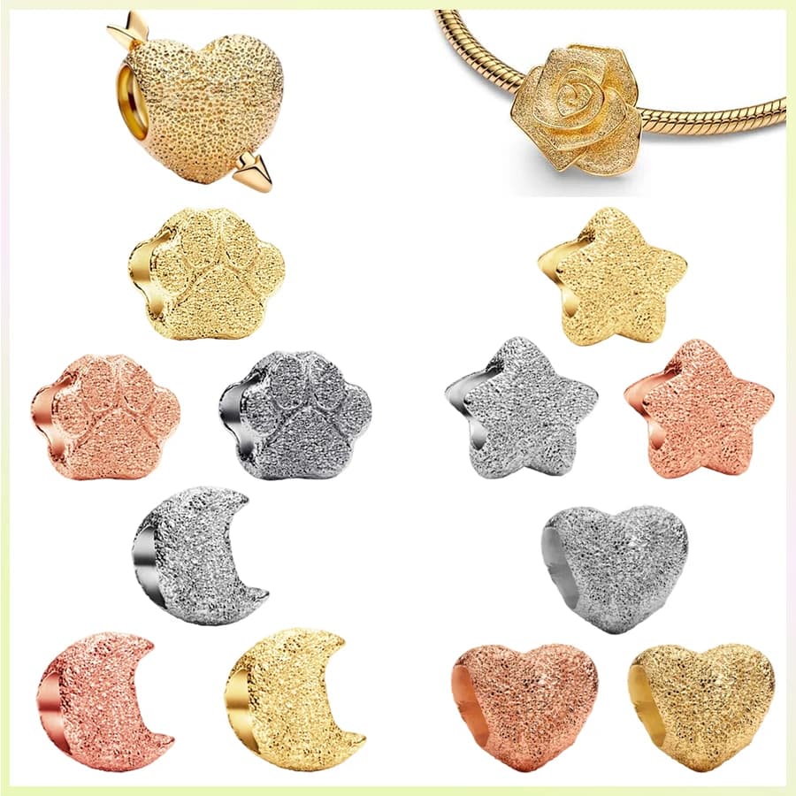 Texture Series Rose in Bloom Cuore di cupido oversize Oro rosa Stella d'oro Luna Perline con ciondoli adatti al braccialetto originale Regalo di gioielli fai da te
