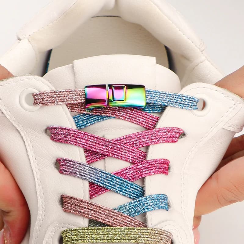 Lacci Elastici Arcobaleno alla Moda con Glitter per Sneakers Senza Nodi, Lacci con Fibbia Incrociata per Scarpe da Corsa e Scarpe Basse