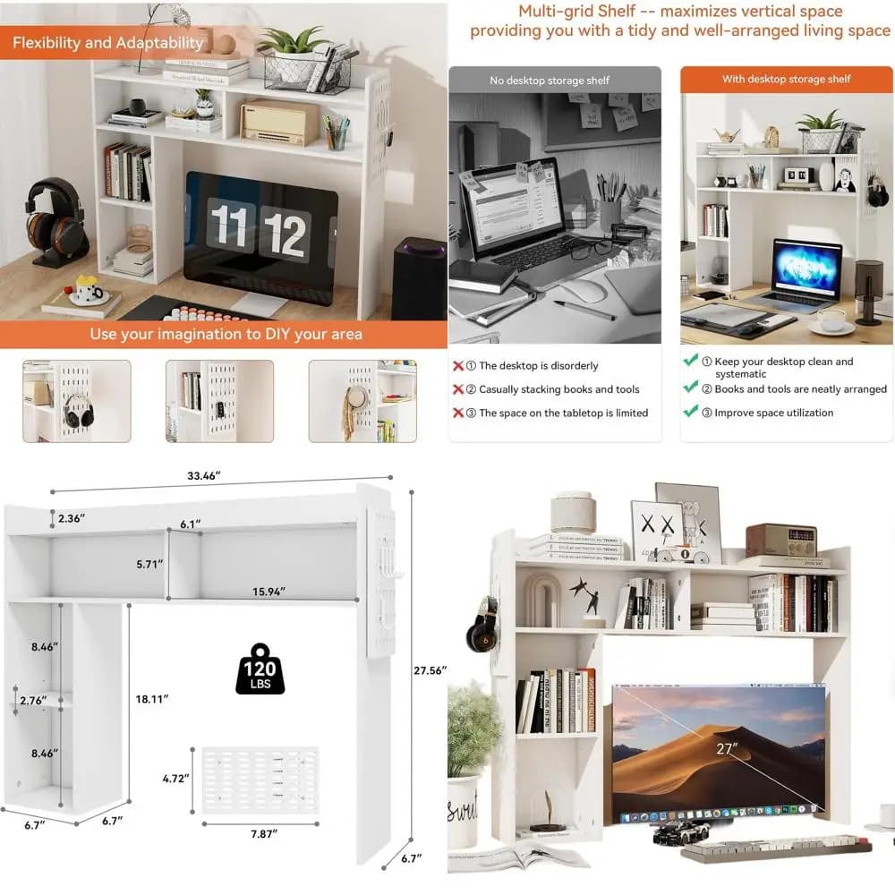 Organizzatore da scrivania bianco regolabile a 5 livelli con pannello forato per l'home office, larghezza 33,46