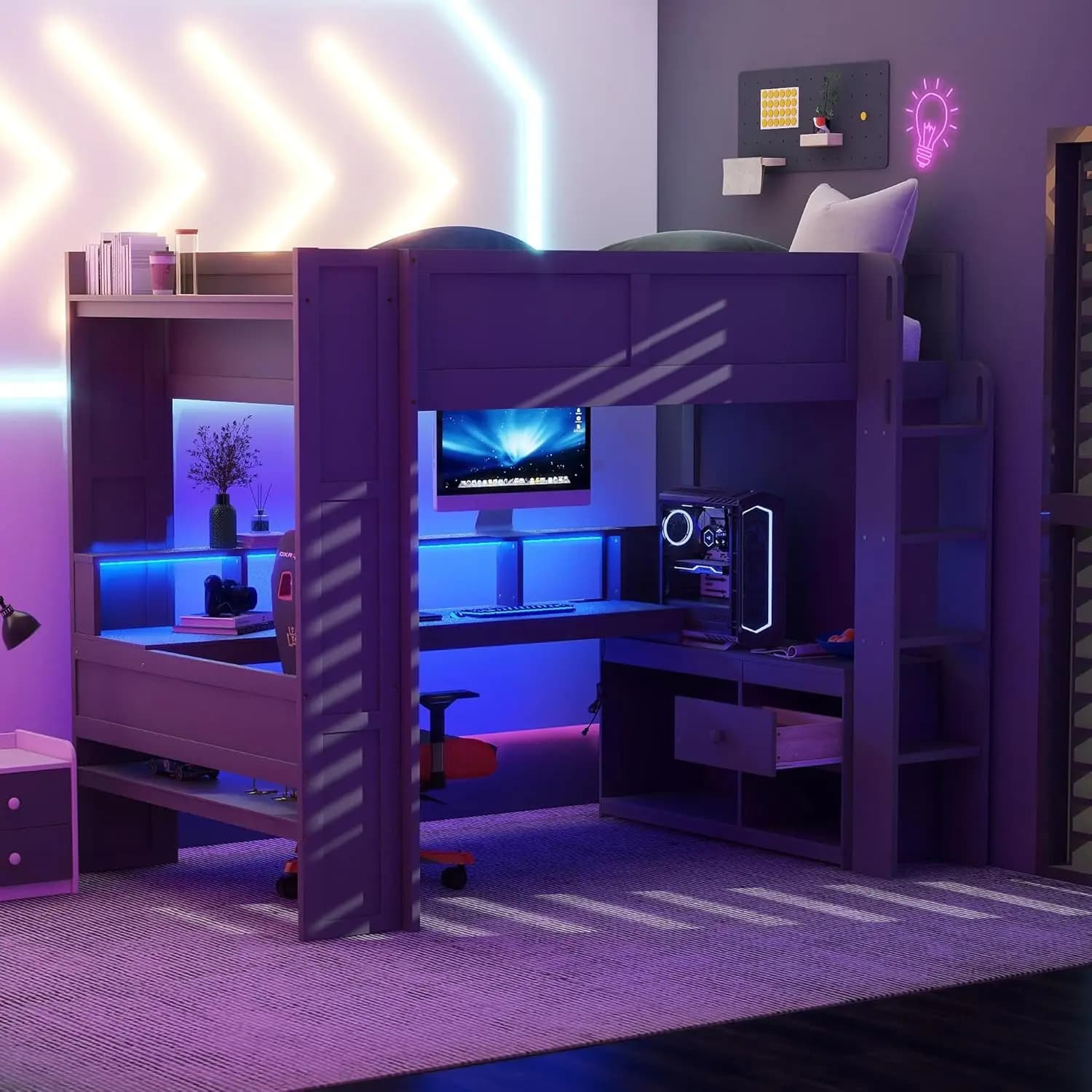 Letto a soppalco in legno massello per gaming con scrivania, scaffali portaoggetti, stazione di ricarica LED, per cameretta bambini, senza rete a doghe, personalizzabile