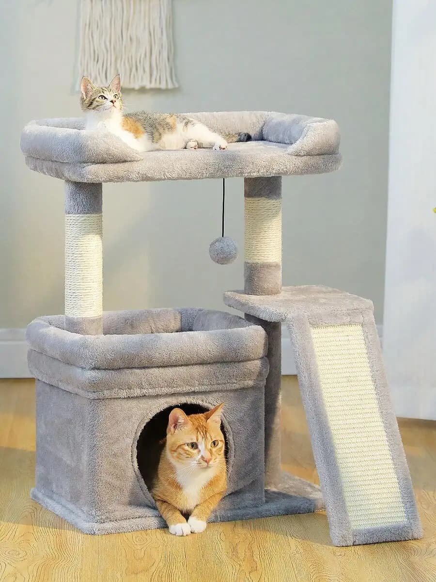 27" Cat Tree For Indoor Cats, Small Cat Tower With Natural SIsal Scratching Posts & Ladder, Cat Condo, Cozy Top Perch, Furr Hanging Balls-Grey