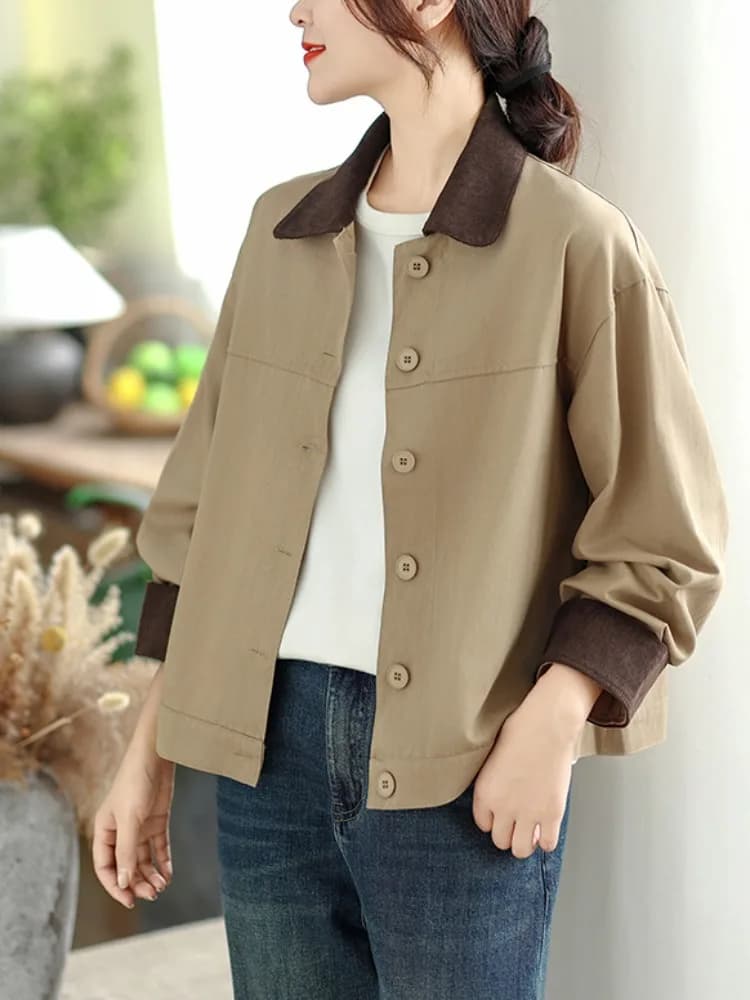 Women's Short Collared Jacket Spring Autumn Casual Loose Fit Color Block Cotton Workwear Cardigan Top Fashion Sensation