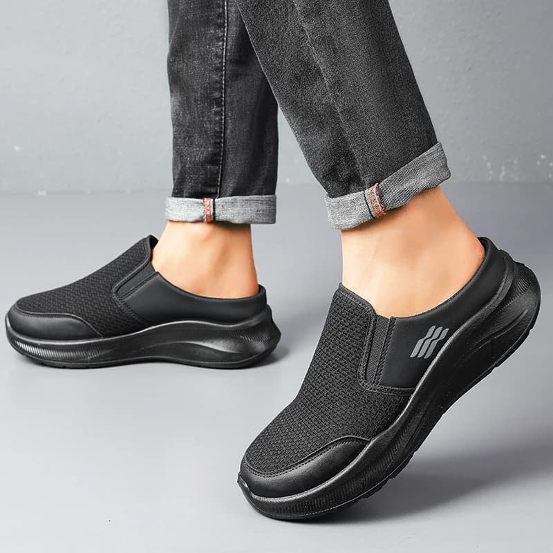 Pull-on dual wear breathable grid knit walking mules, integrated elastic side gore panel, rib segmented full white footwear