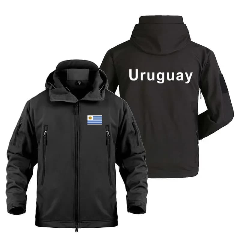 Nuova Giacca con Cappuccio in Tessuto Sharkskin Stampato Uruguay, Antivento, per Campeggio, Escursionismo e Caccia, Abbigliamento Sportivo Elasticizzato in Pile