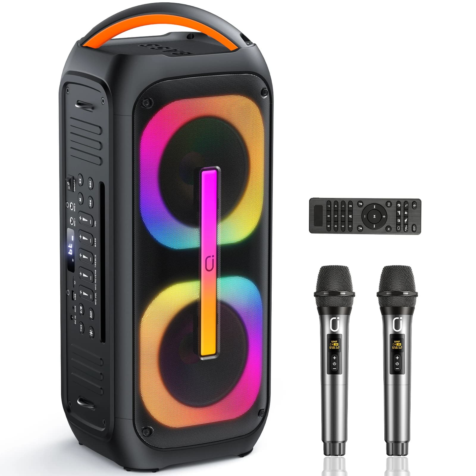 Macchina per karaoke con 2 microfoni wireless, subwoofer doppio da 60 W 6,5 pollici e picco 400 W】Grande altoparlante per feste Bluetooth con luci da discoteca