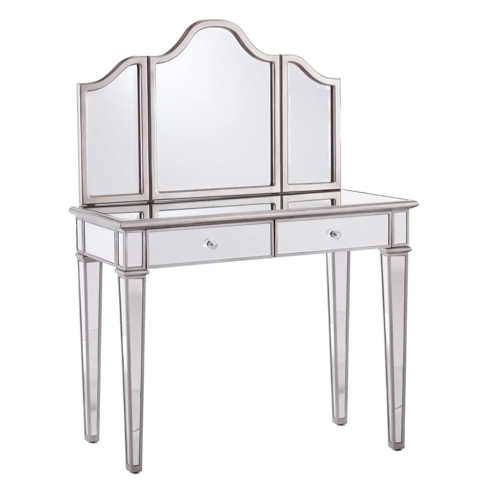 Furniture Kalla Mirrored Vanity Set with Storage 2 Piece Silver Transitional Design Ideal for Bathroom, Master Suite HZ7581