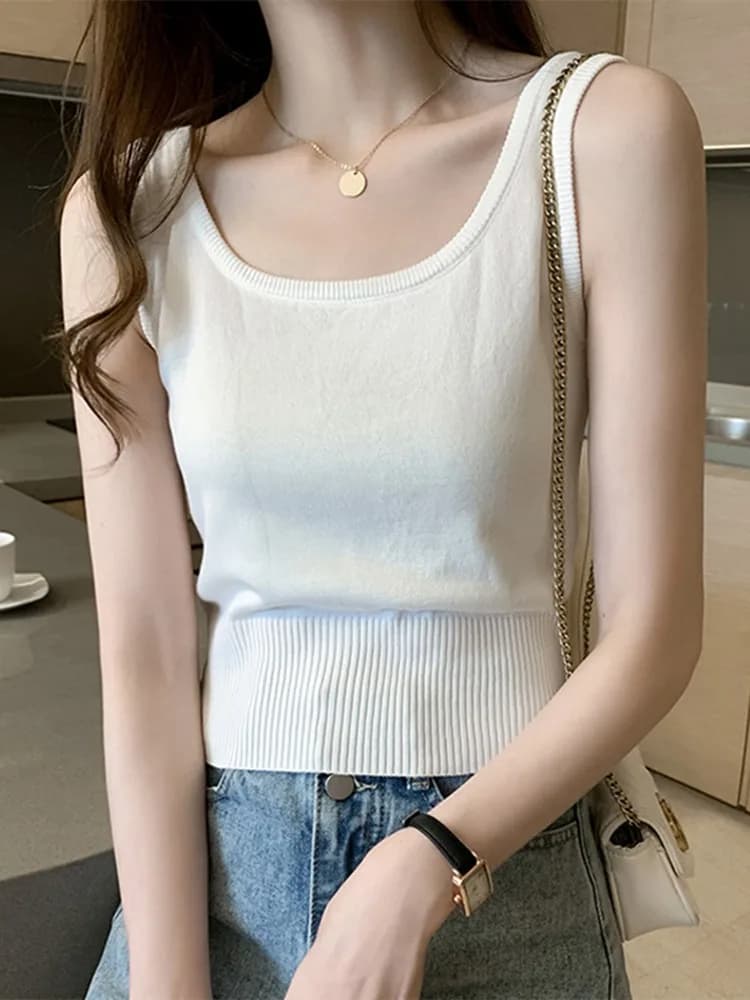 Ice Silk Knitted Strap Vest Women's Summer New Style Short Sleeveless Slimming Concealing Outerwear Commute Style Pure Color