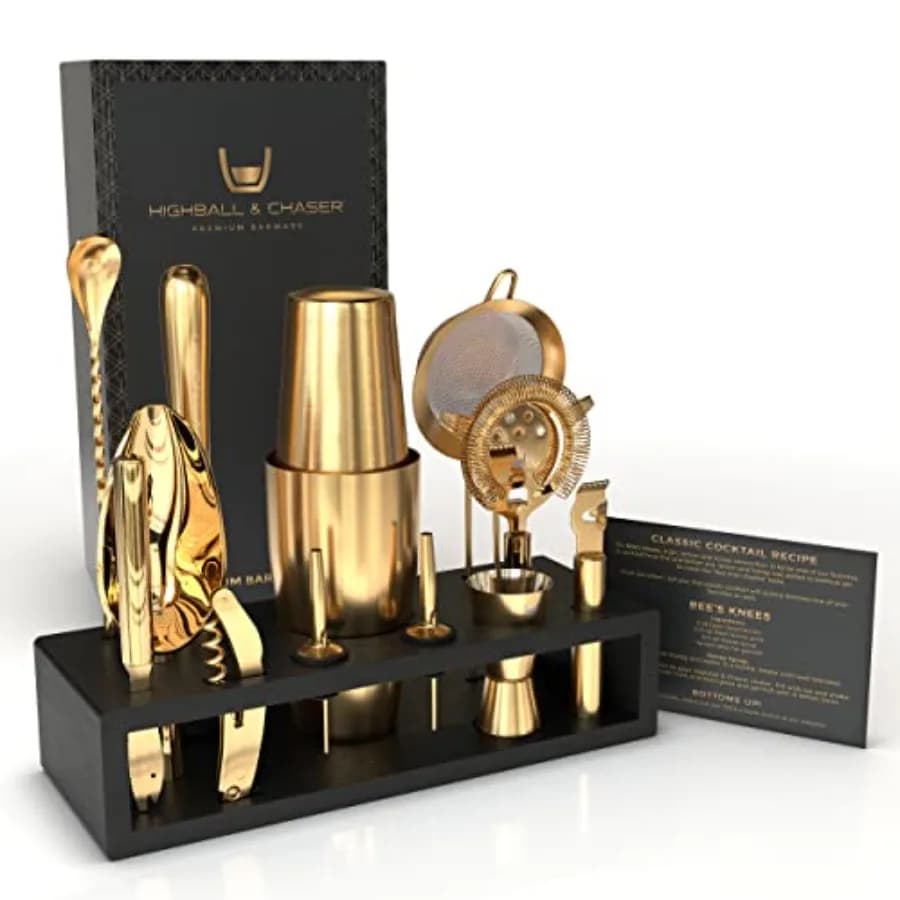 Bartender Kit with Black Bamboo Stand Beautiful Cocktail Shaker Set and Bar Tools Stainless Steel Boston Shaker Bartender Kit w