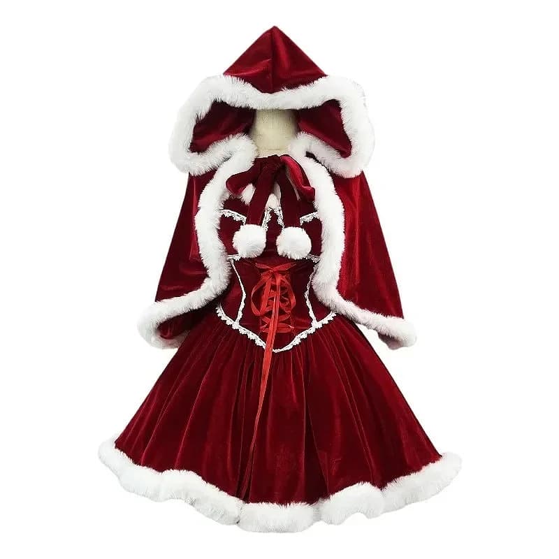 New Year Red Dress Cloak Cosplay Plus Size Clothes Cape Women Role Play Outfit Full Set Warm Holiday Costume Girls