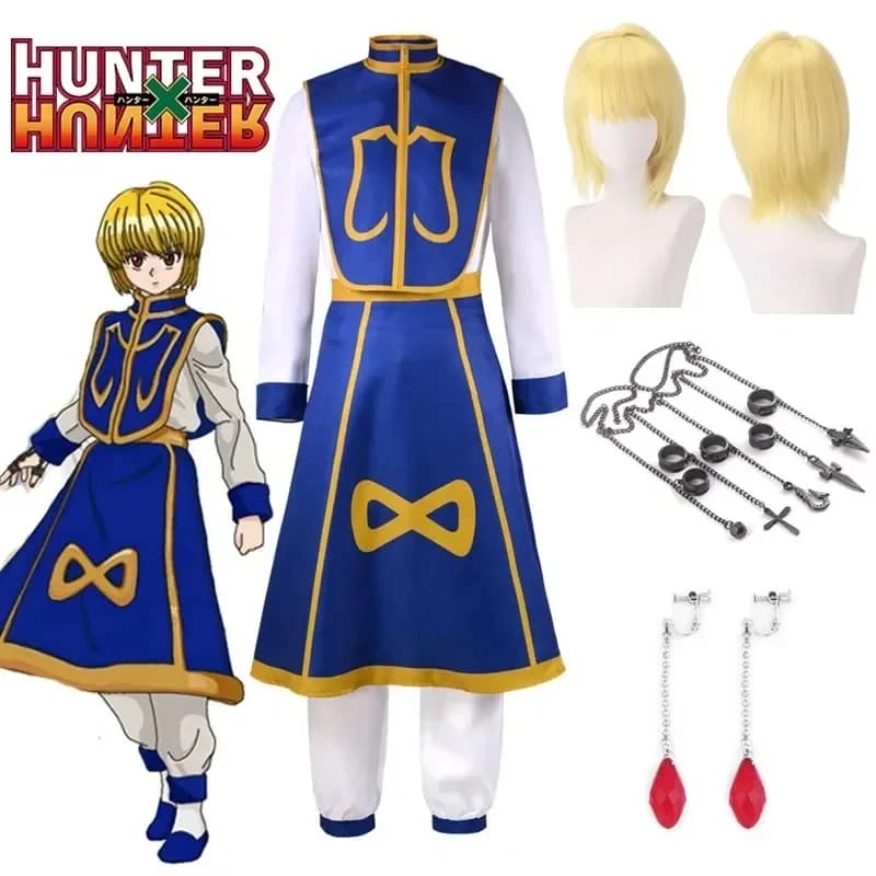 ABC123 Anime Manga x Hunter Kurapika Costume Cosplay, Parrucca, Anelli, Catena, Orecchini, Uniforme Anime per Halloween s,3'f.5;j.8