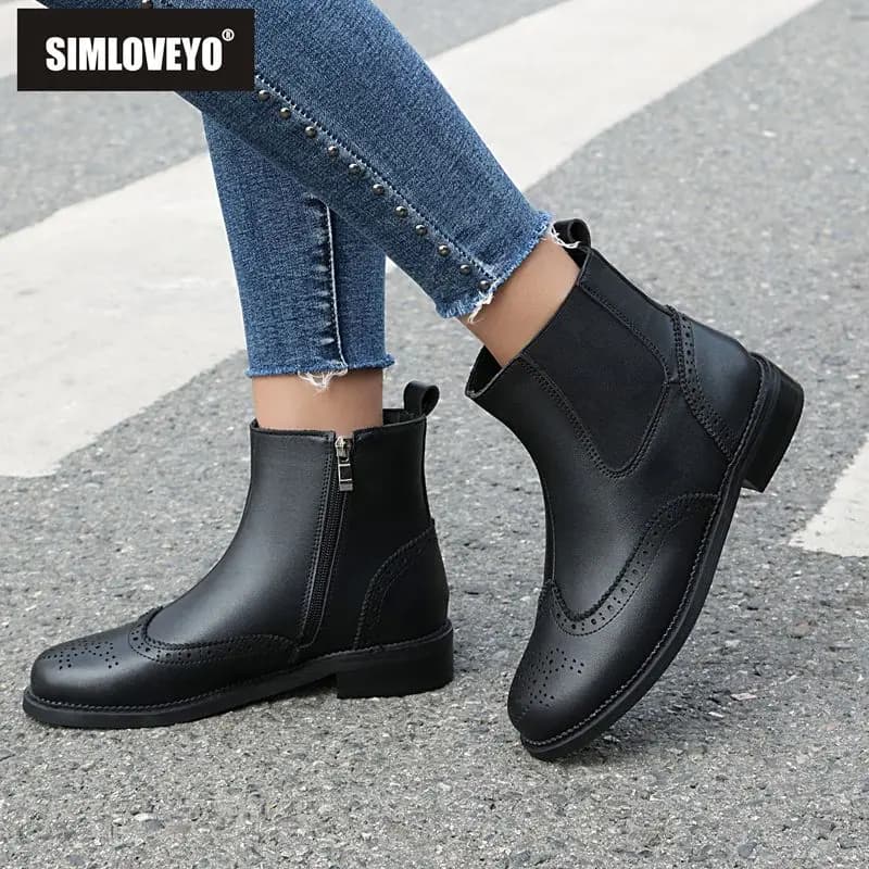 SIMLOVEYO Brand Women Ankle Boots Round Toe 3.5cm Chunky Heels Side Zip Large Size 45 46 47 48 Leisure Chelsea Booties Winter