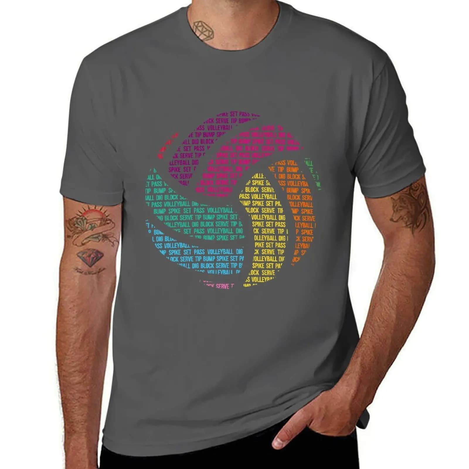 Volleyball T-Shirt with Colorful Print Words Volleyball, Streetwear Style