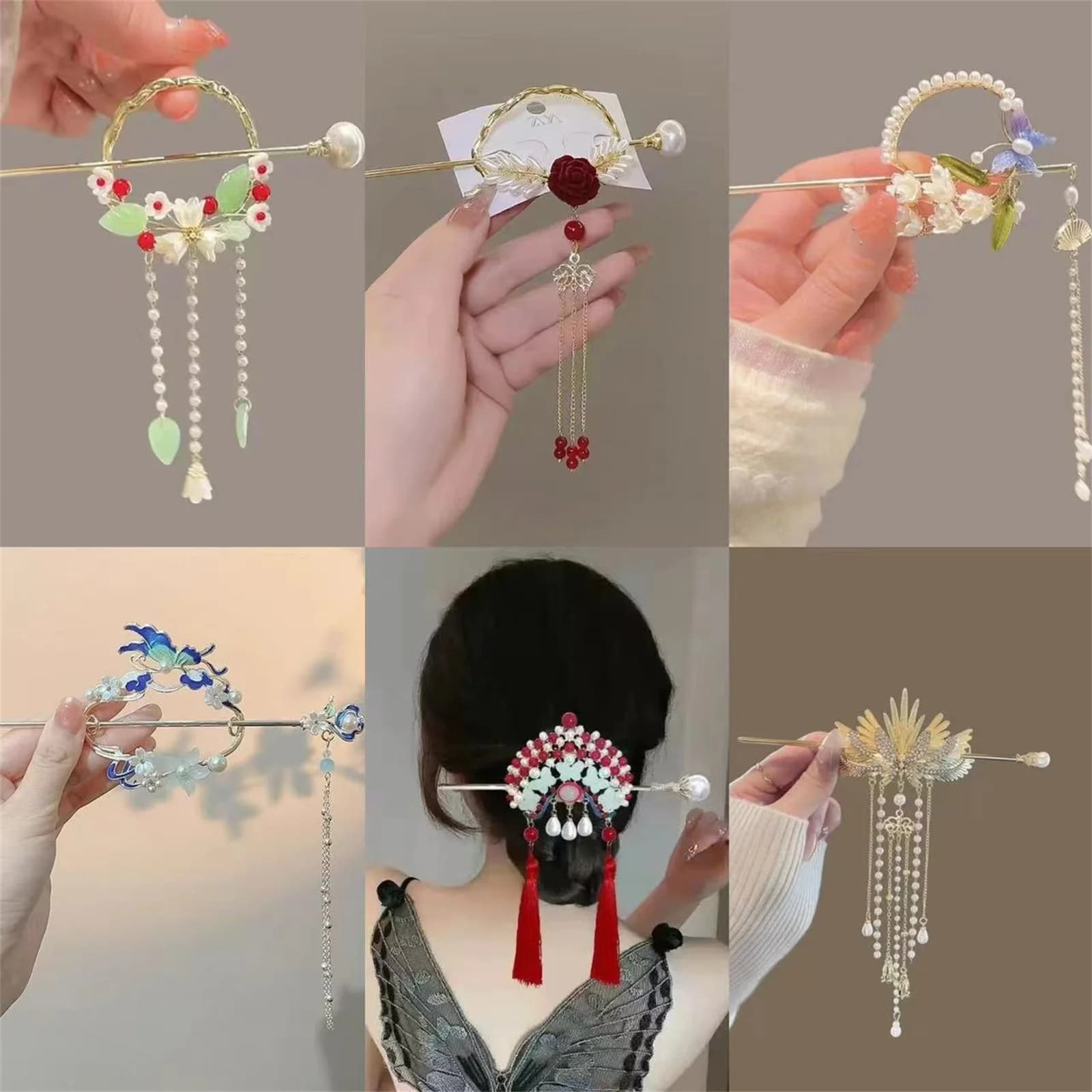 Ethnic style hair clip for women, refined hair clip with glittered flower and tassel, spiral hair clip in old style, girl hair accessories