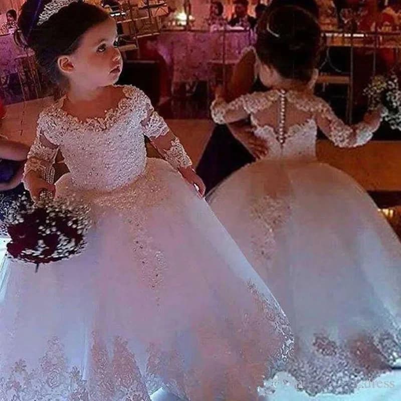 Abito da ragazza per matrimonio, manica lunga in pizzo con fiocco, principessa in tulle, festa di compleanno per bambini, abito da ballo per prima comunione personalizzato
