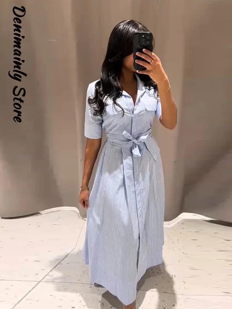 Women's Long Dress Casual Striped Dresses Single-breasted Belt Style 2025 Summer Fashion Office Lady Outfit