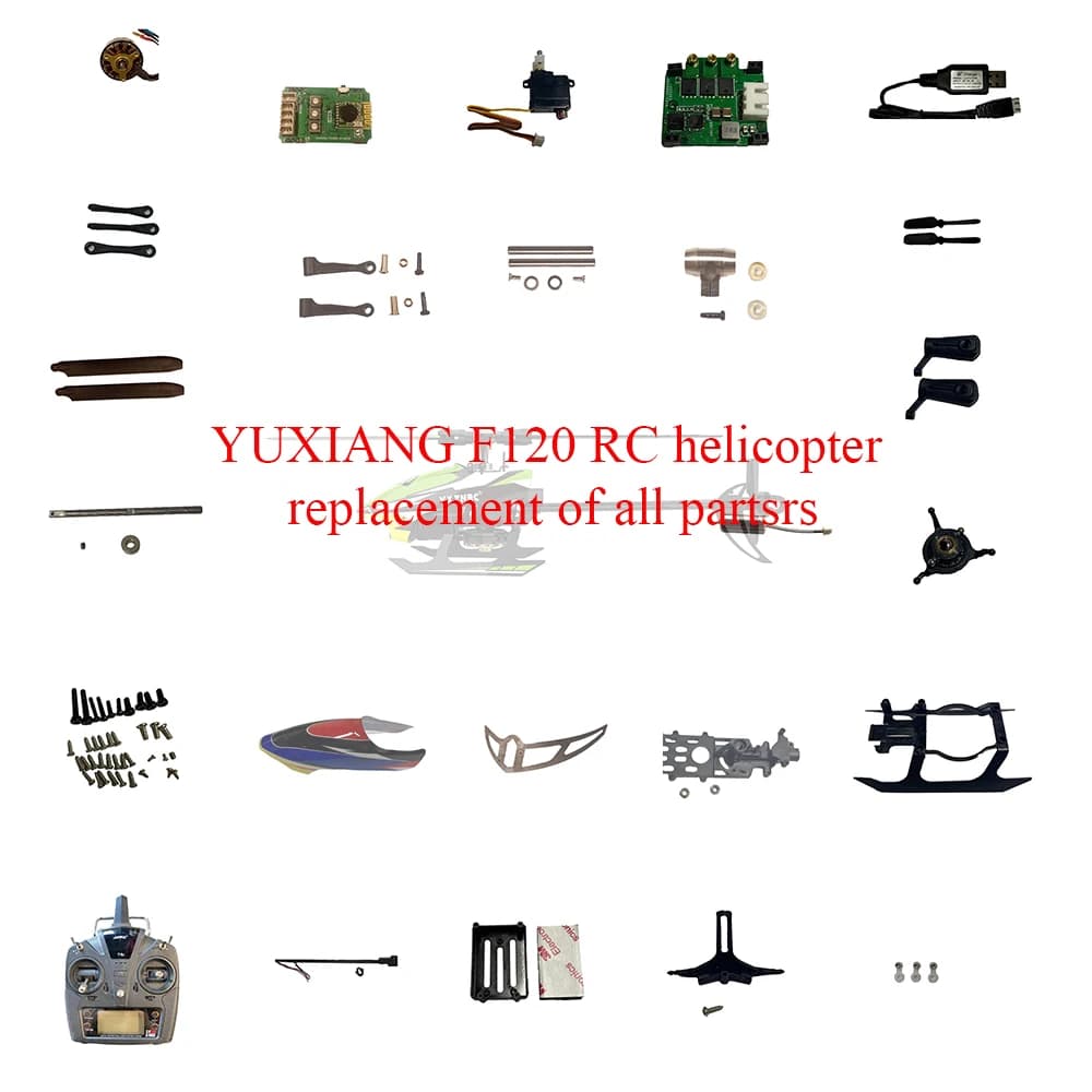 YUXIANG F120 RC elicottero sostituzione di tutte le parti, motori, servi, piastre ricevitore, involucri, carrello di atterraggio, eliche, LED, ecc