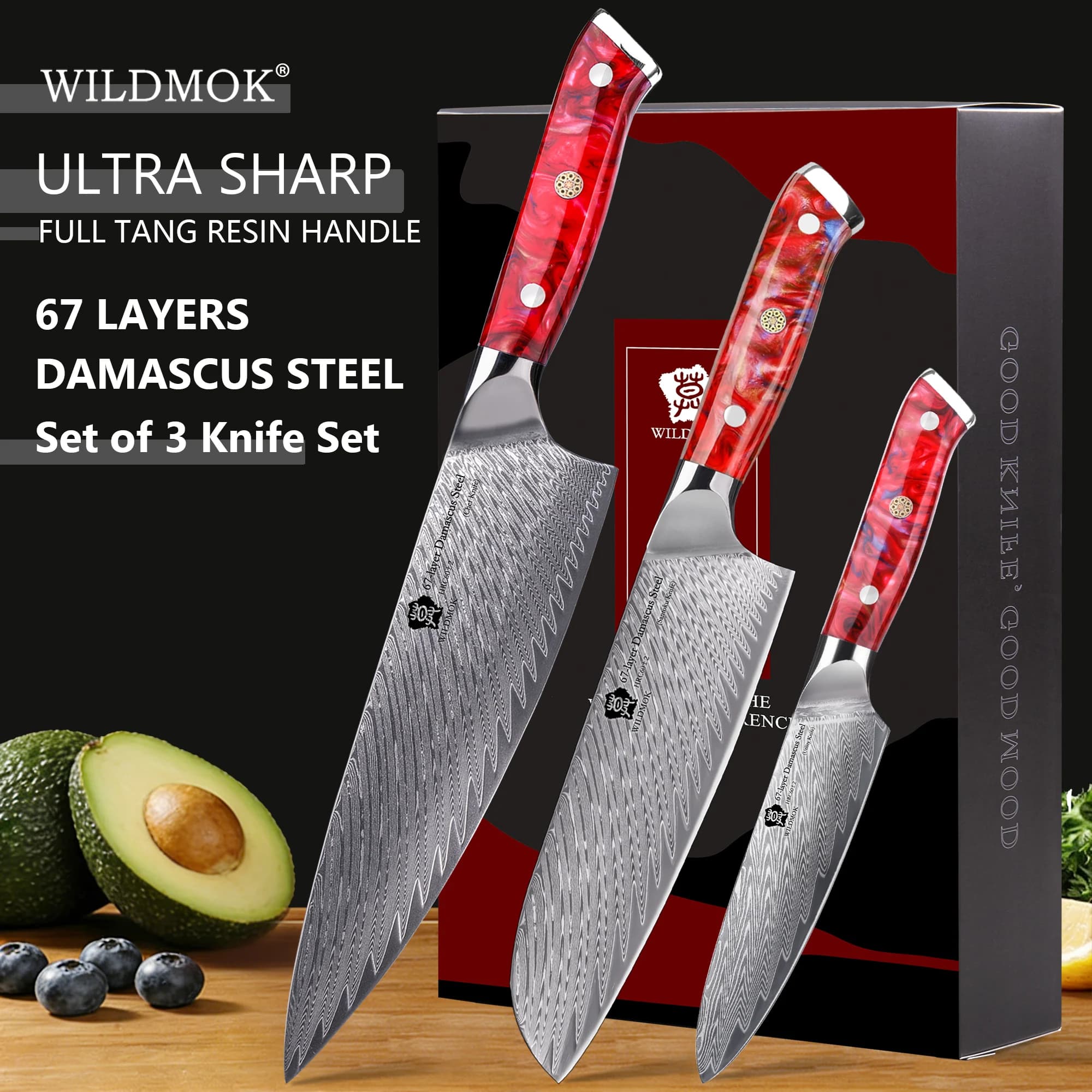WILDMOK Set di 3 Coltelli da Cucina in Acciaio Damascato Giapponese VG10 a 67 Strati con Manico in Resina Rossa, Utensili Professionali per Cucinare