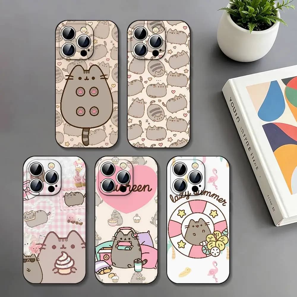 Custodia per telefono antiurto sottile nera con cartone animato P-Pusheen Cat per iPhone 17 16 15 14 13 12 11 X XR XS Max Pro Max Plus Mini