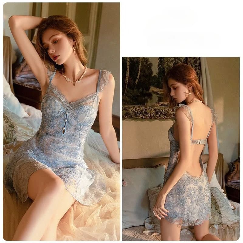 Pure Lace Double-layer Lace Pajamas, Sexy Chest Pad, Suspender, Foreign and Thin, Slim Nightgown, Spring and Autumn Robe Set.