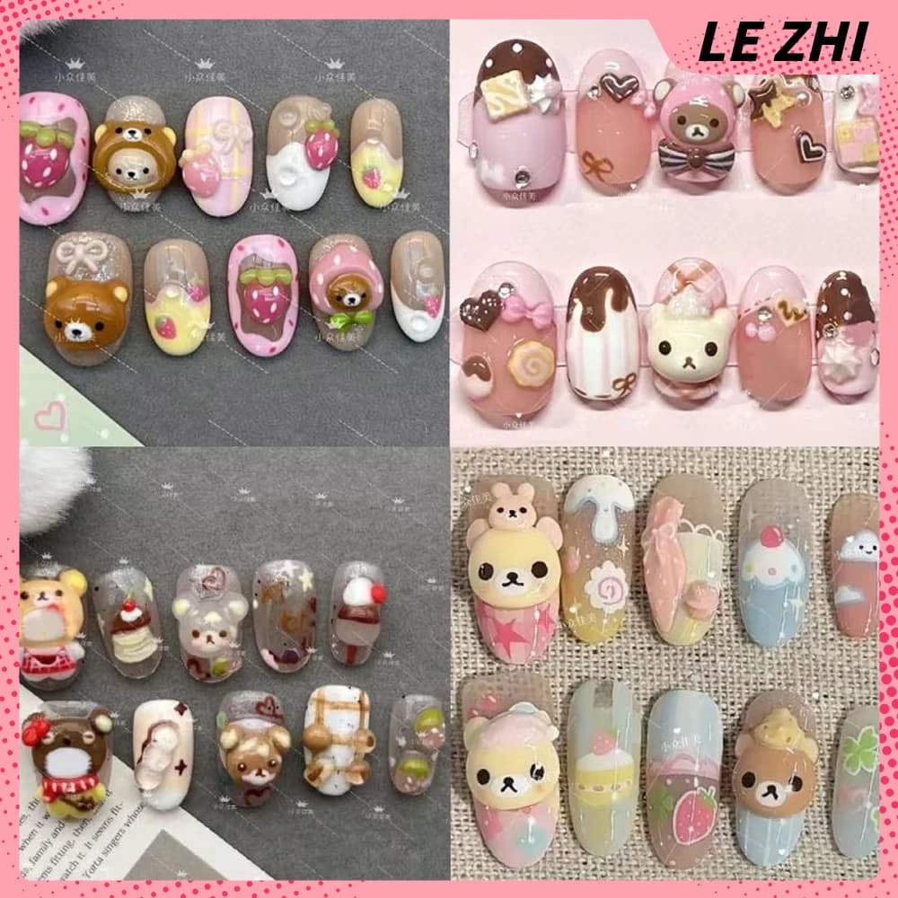 Unghie Finte Kawaii 3D Anime Orsetto Fatte a Mano, Unghie Rimovibili Corte Quadrate Rotonde con Motivi Carini di Dessert, Pane e Animali
