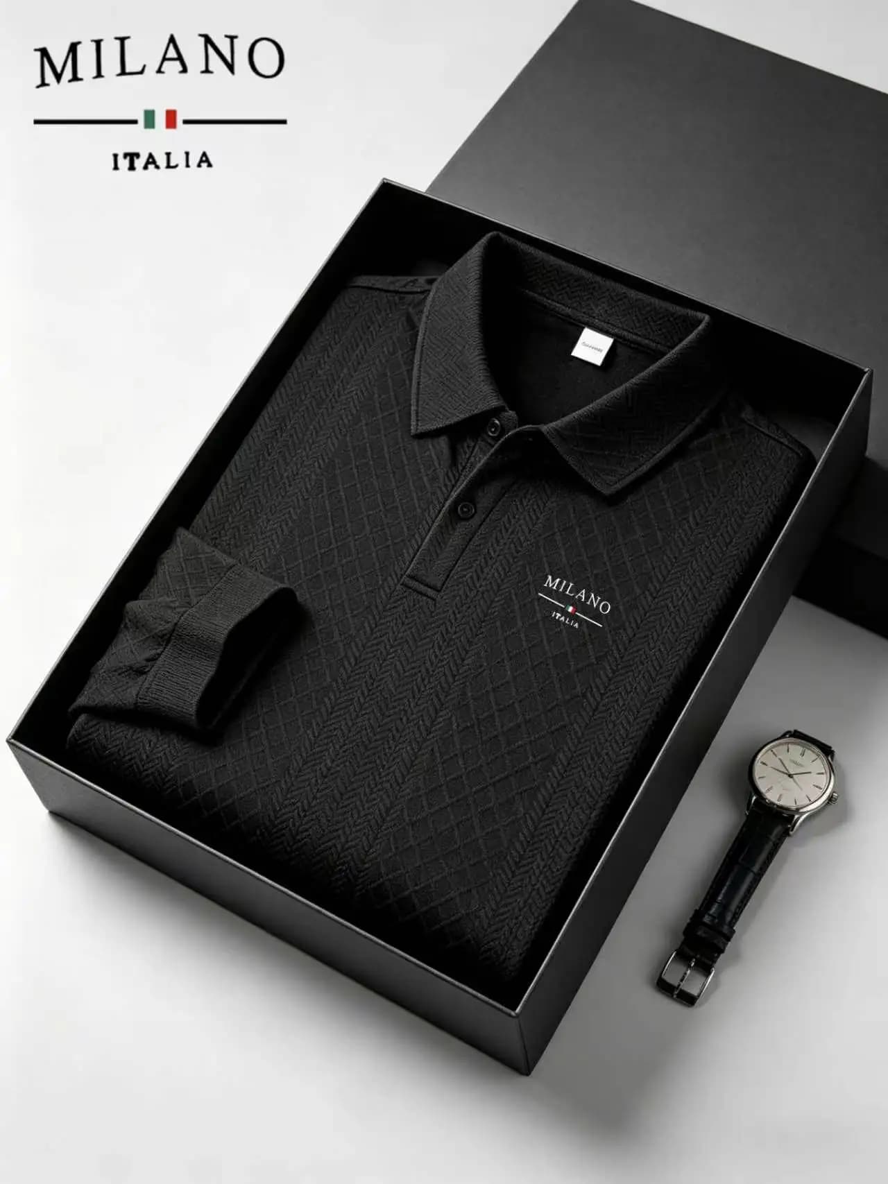 Nuova polo a maniche lunghe da uomo in maglia jacquard Milano Italia, tessuto traspirante e morbido, ideale per ufficio, golf, uso quotidiano e casual.